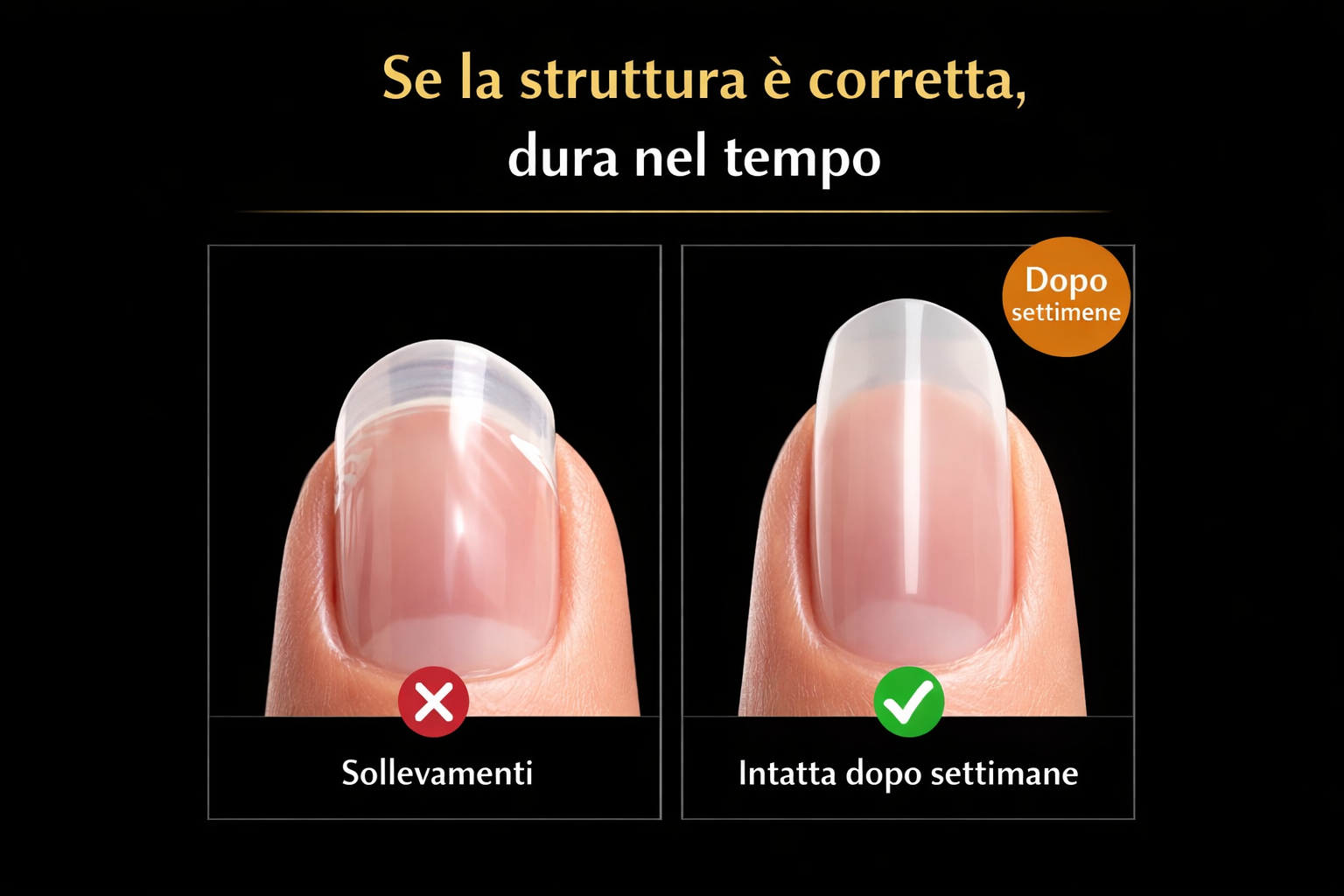 ricostruzione unghie integra dopo settimane con struttura corretta, confronto tra gel sollevato precocemente e gel che dura fino al refill